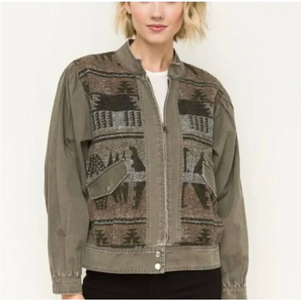 Mystree Southwestern Olive Grey Denim Bomber Jacket Balloon Sleeve Small